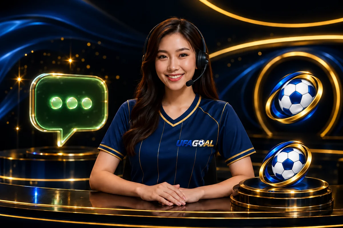 ภาพประกอบผู้ช่วย UFAGOAL ในเสื้อฟุตบอล พร้อมสัญลักษณ์แชต